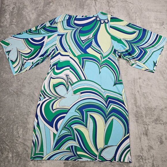 Chicos Dress Womens Large Blue Green Geometric Floral Stretch Mod Hippie Boho - Picture 9 of 13